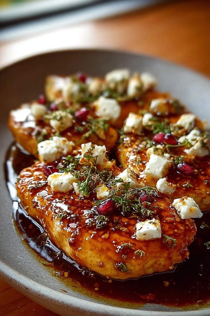 Savory hot honey feta chicken dish garnished with fresh herbs
