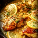 Lemon Dijon Chicken Skillet garnished with fresh herbs and served in a cast iron pan.