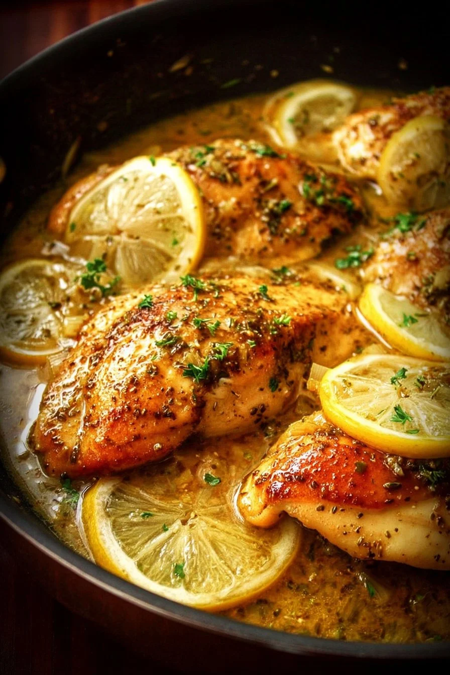 Lemon Dijon Chicken Skillet 2 Lemon Dijon Chicken Skillet garnished with fresh herbs and served in a cast iron pan.