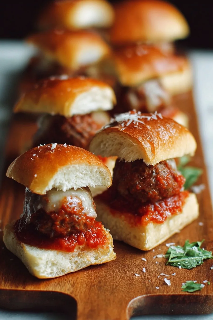 Delicious Meatball Marinara Sliders served with fresh herbs and cheese.