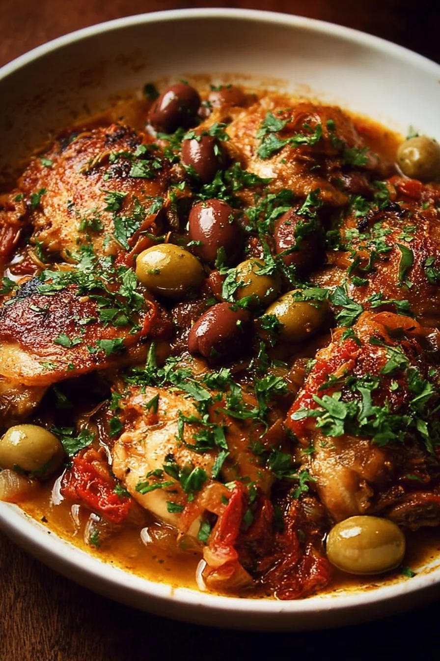 A delicious Mediterranean braised chicken dish with dates and olives