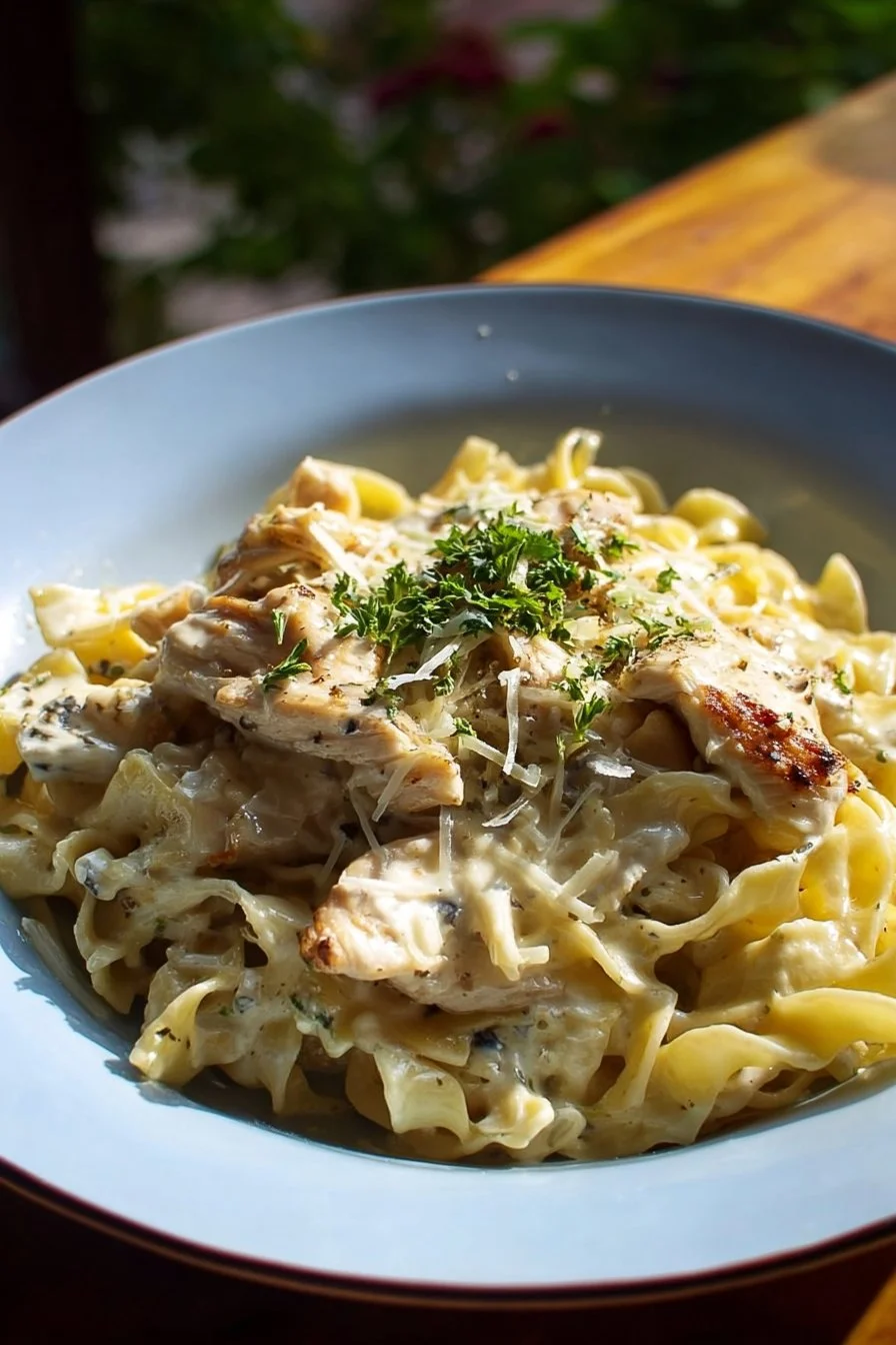 One-Pot Chicken Alfredo Pasta 2 One-Pot Chicken Alfredo Pasta with creamy sauce and chicken pieces