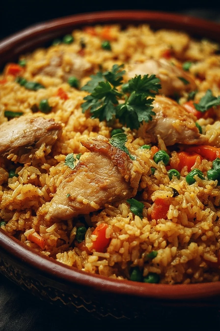 One-pot chicken and rice dish ready to serve with colorful vegetables