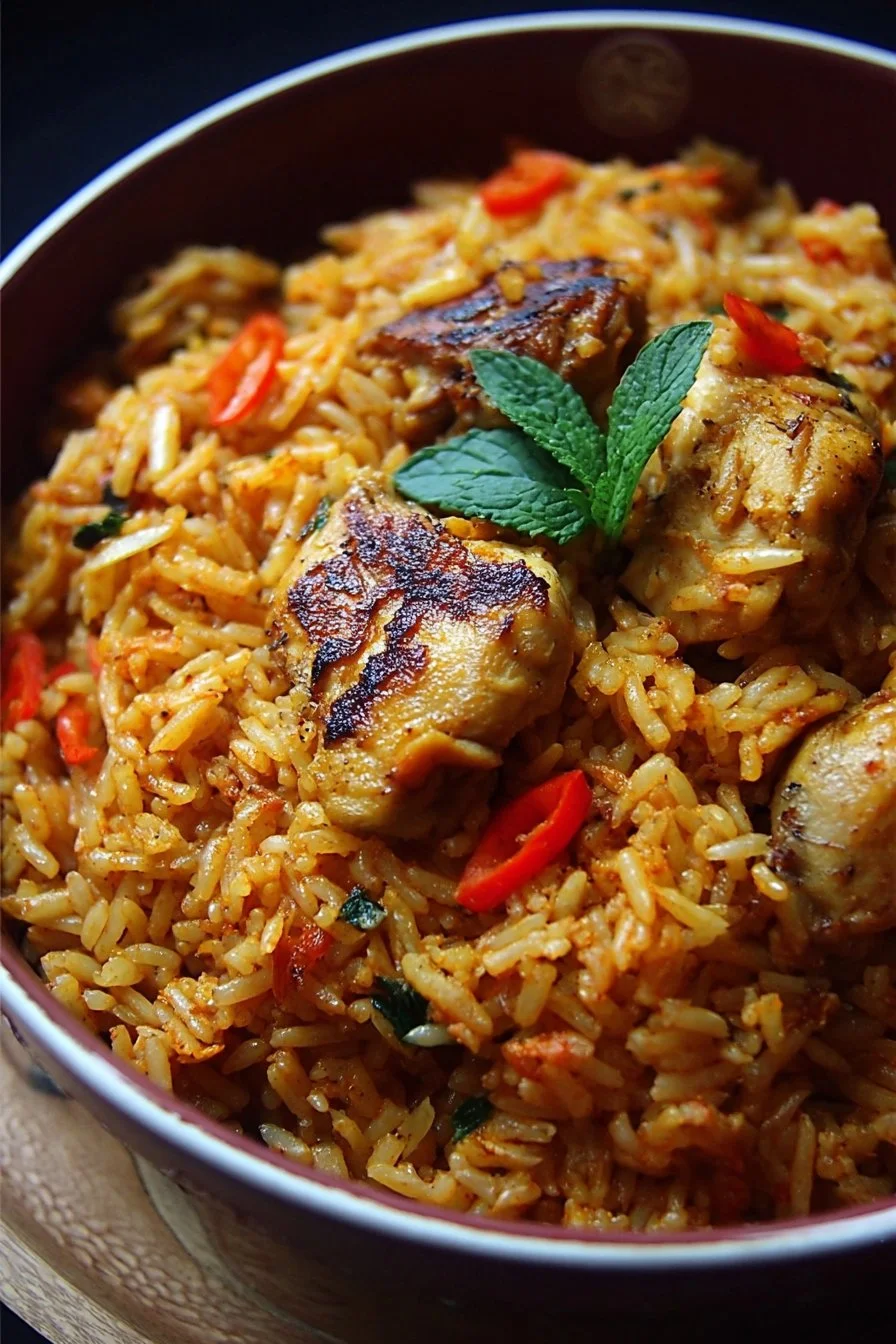 One-Pot Chicken and Rice dish served in a white bowl