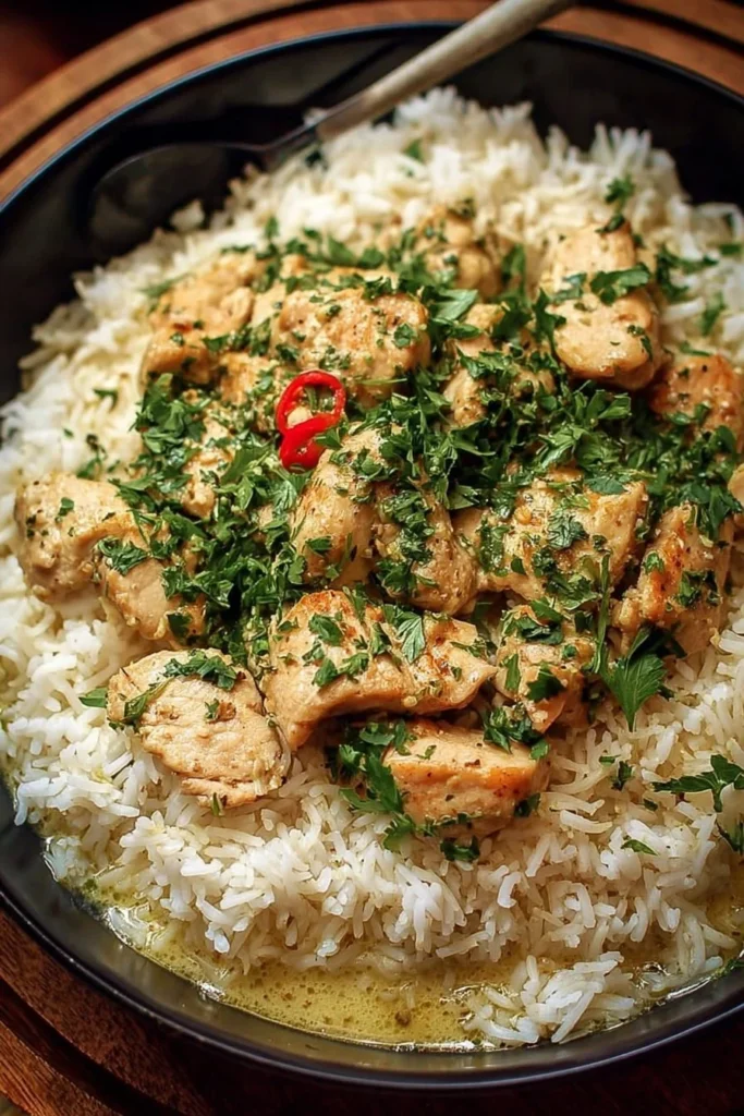 One-Pot Garlic Butter Chicken served over rice with herbs.