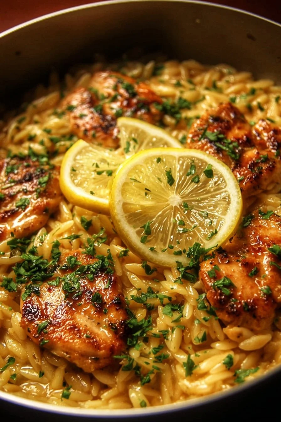 One-Pot Lemon Garlic Chicken Orzo 2 Delicious One-Pot Lemon Garlic Chicken Orzo garnished with herbs in a bowl.