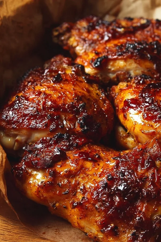 Oven-baked BBQ chicken served on a plate with a side of vegetables