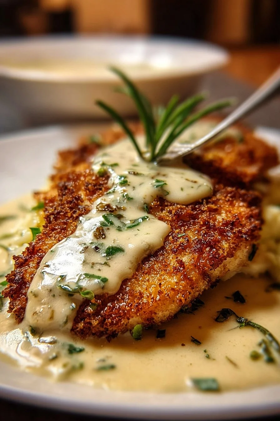 Delicious Parmesan-Crusted Chicken served with garlic cream sauce