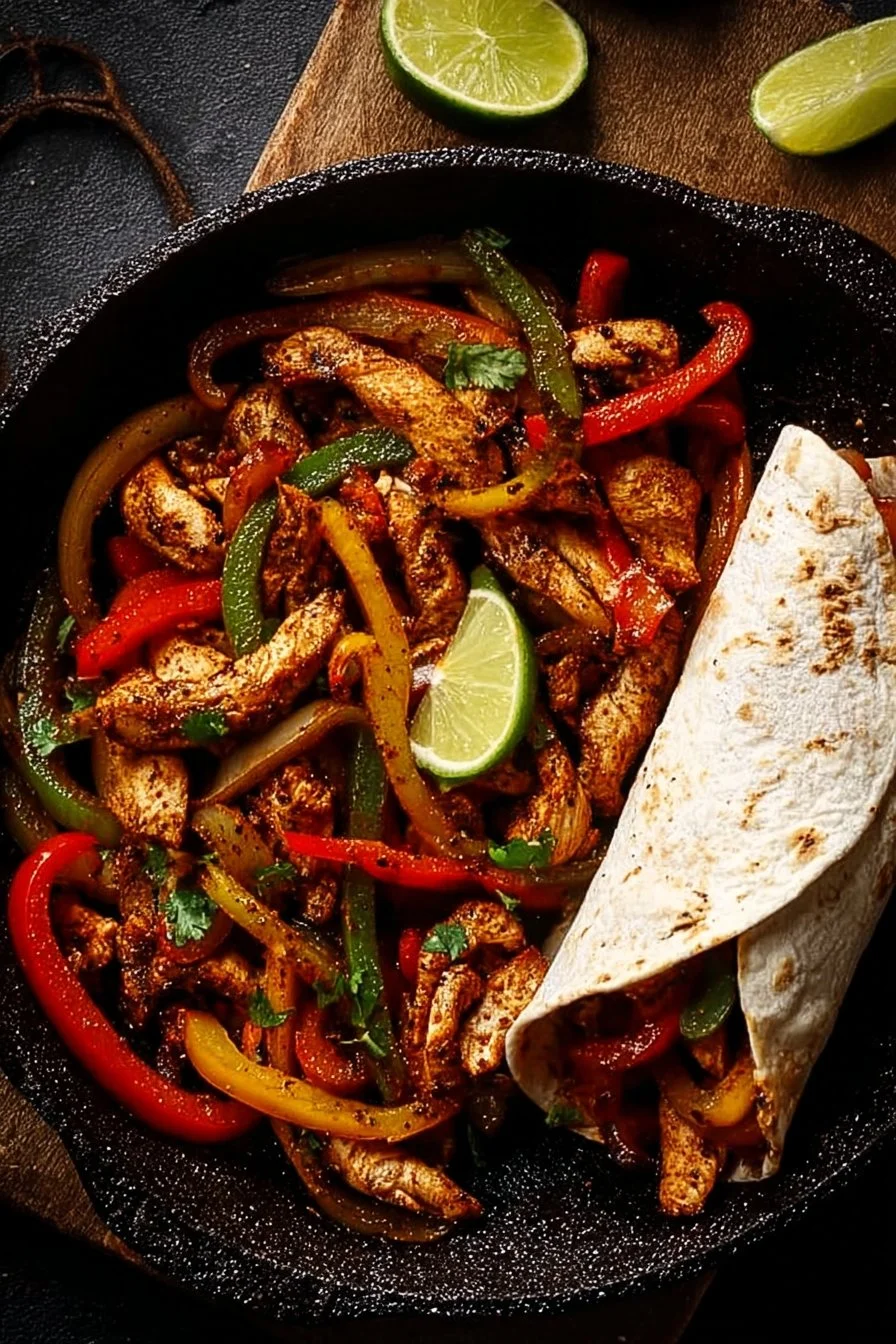 Quick and Juicy Chicken Fajitas 2 Deliciously cooked quick and juicy chicken fajitas served with peppers and onions.