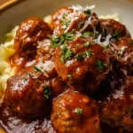 Slow Cooker Salisbury Steak Meatballs served on a plate with gravy