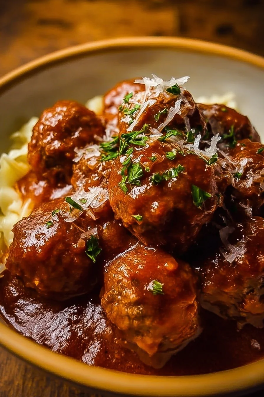 Slow Cooker Salisbury Steak Meatballs served on a plate with gravy