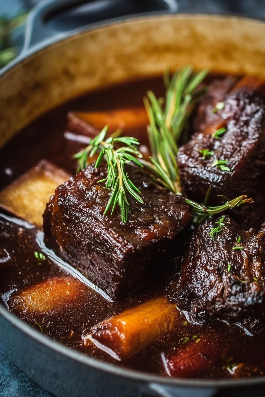 Red Wine-Braised Short Ribs 2 Succulent red wine-braised short ribs served with vegetables and herbs