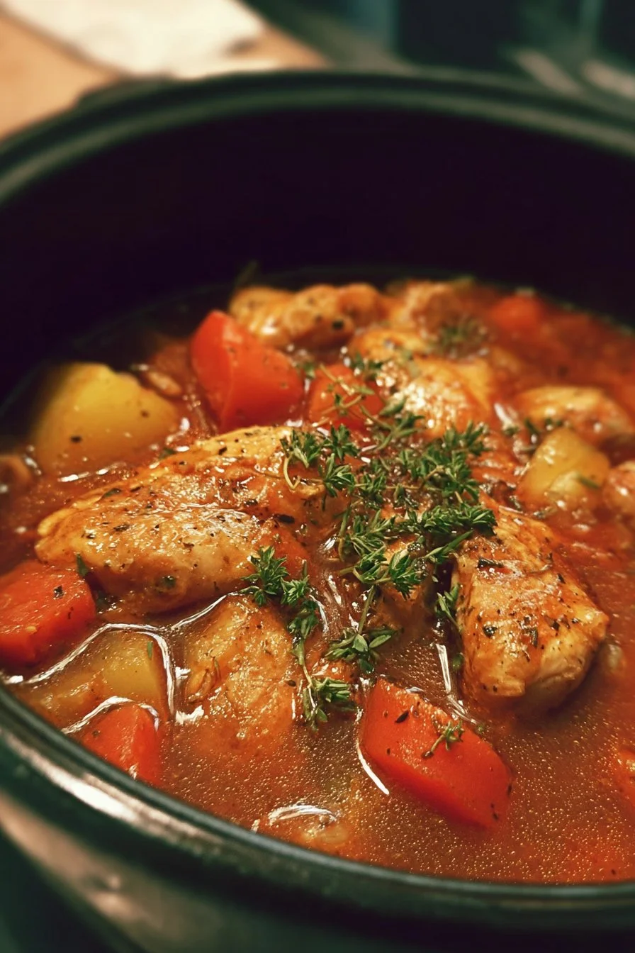 Simple Chicken Stew 2 A bowl of simple chicken stew with vegetables and herbs