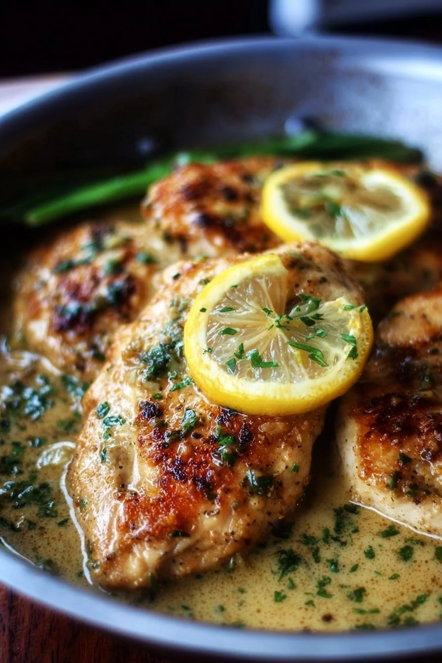 Skillet Chicken with Garlic-Lemon Pan Sauce 2 Skillet chicken cooked in garlic-lemon pan sauce ready to serve.