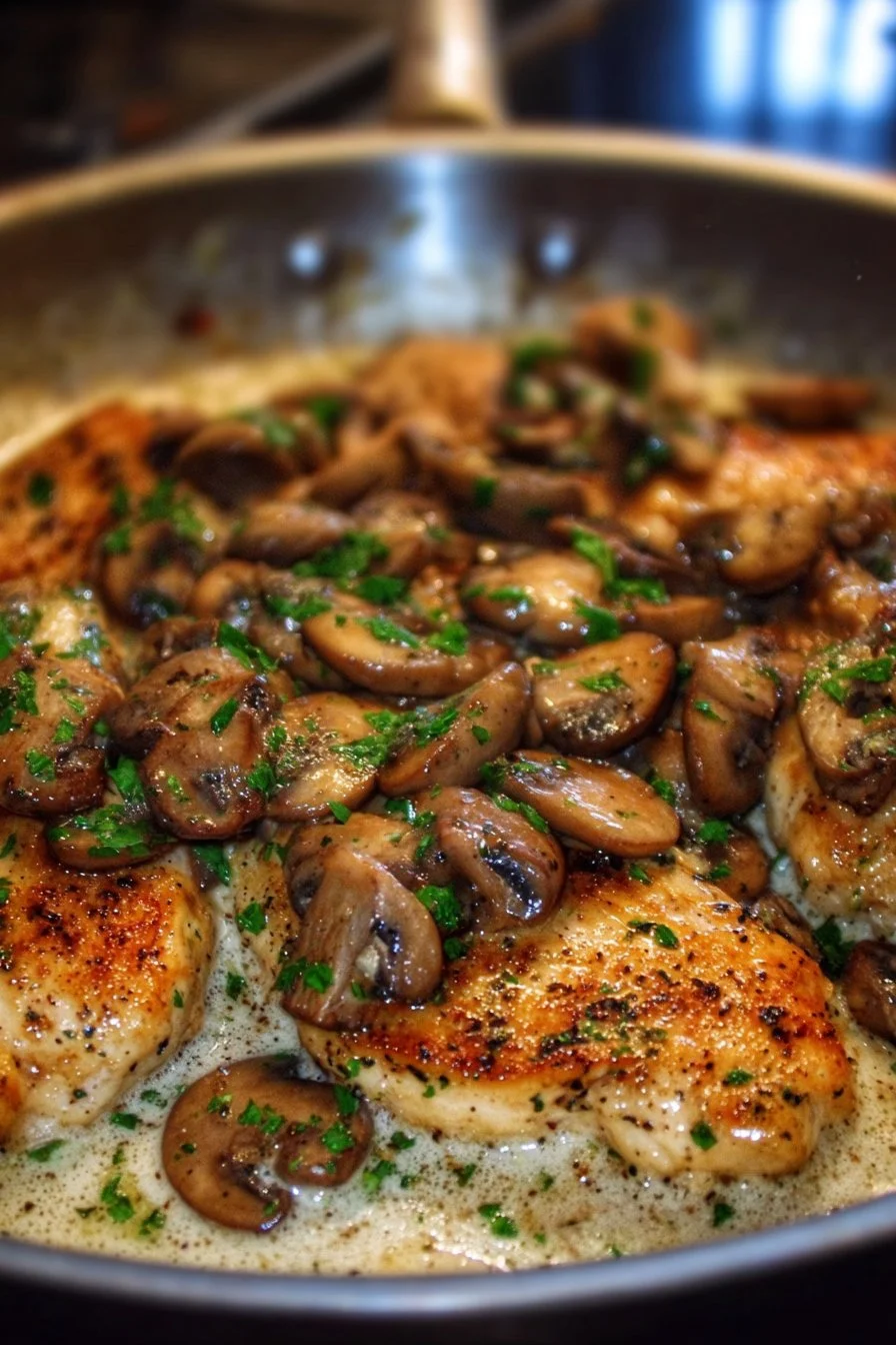 Skillet chicken with mushrooms in a creamy sauce served in a skillet