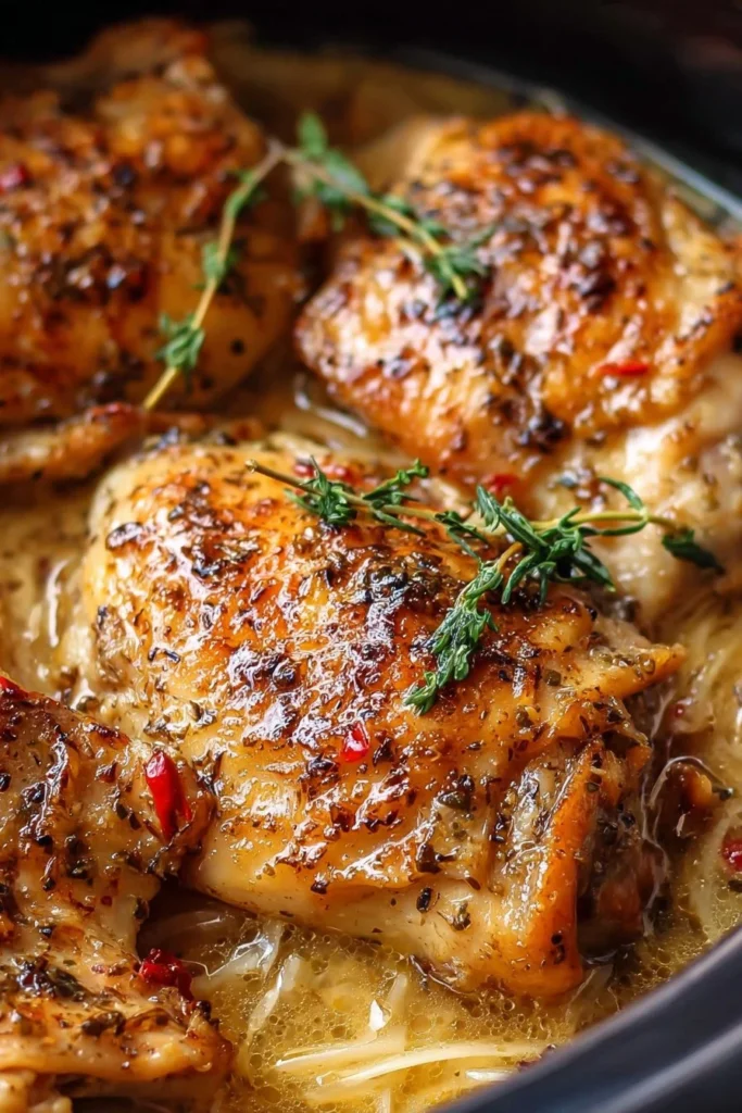 Delicious Slow Cooker Angel Chicken served on a plate with fresh herbs