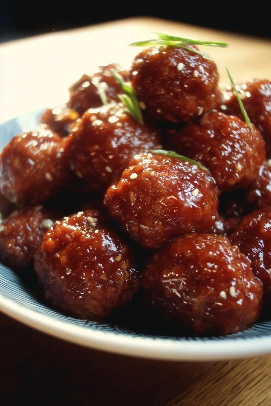 Slow cooker honey garlic meatballs in a savory sauce served with garnishes.
