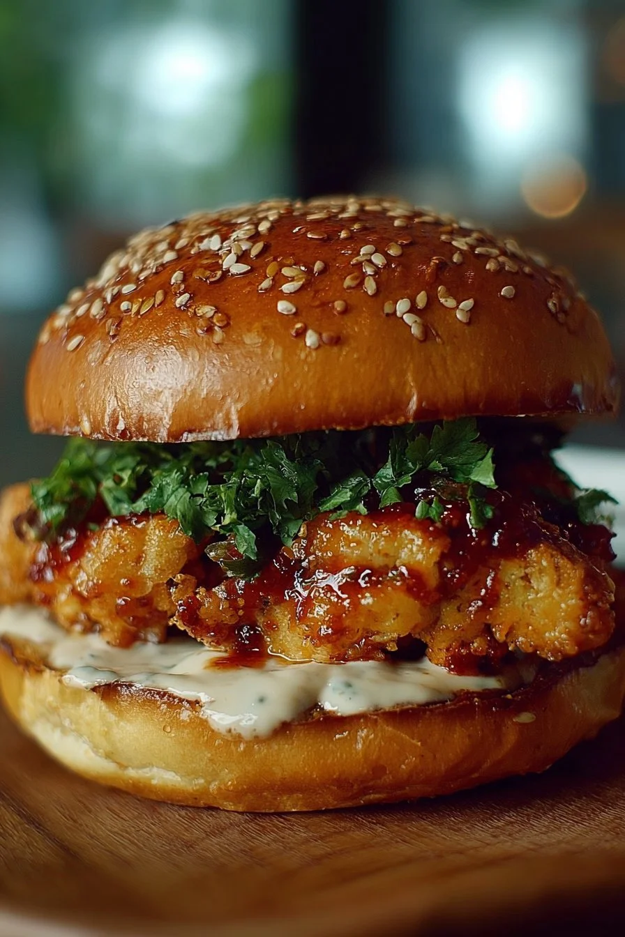 Delicious spicy chicken sandwich with crispy toppings and a side of fries