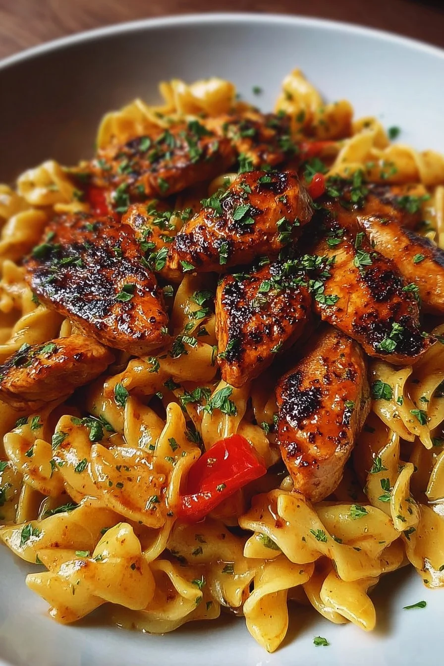 Spicy-Sweet Cajun Chicken Pasta 2 Plate of Spicy-Sweet Cajun Chicken Pasta with vibrant seasoning and vegetables