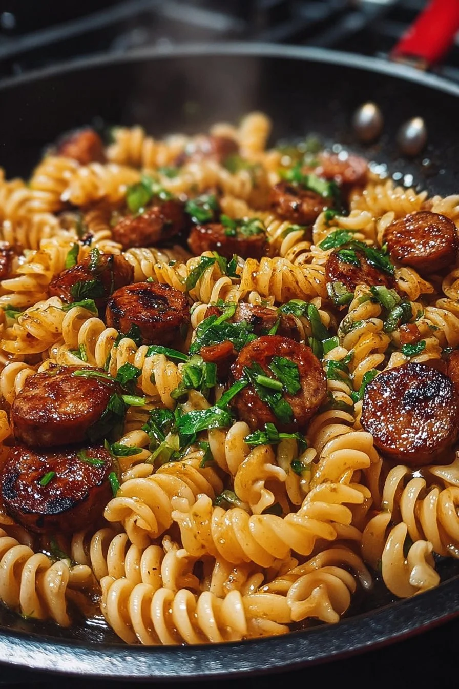 Sticky honey garlic sausage pasta skillet dish garnished with parsley