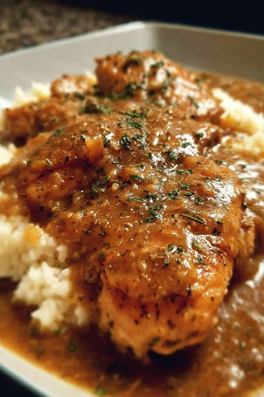 Stovetop Chicken and Gravy 2 Delicious stovetop chicken with creamy gravy served on a plate