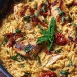 Creamy sun-dried tomato chicken orzo dish garnished with herbs
