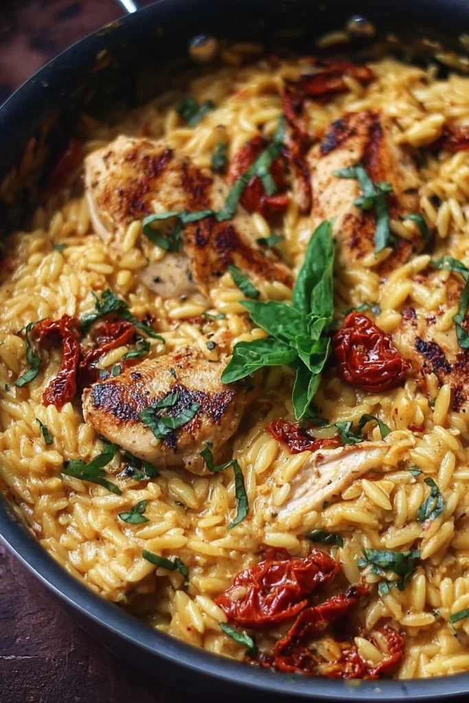 Creamy sun-dried tomato chicken orzo dish garnished with herbs