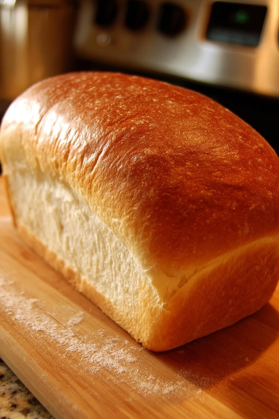 Loaf of thrifty homemade sandwich bread on a wooden cutting board
