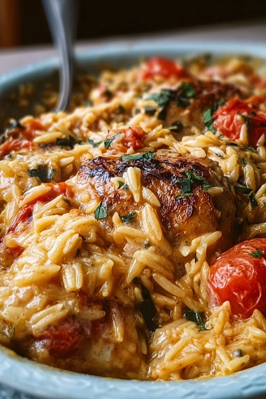Tasty Tuscan Chicken Orzo Bake with fresh vegetables and creamy sauce