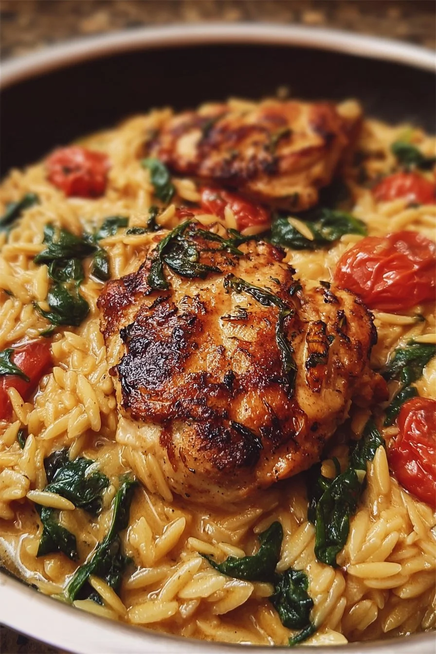 Tuscan Chicken with Spinach and Orzo 2 Delicious Tuscan Chicken with Spinach and Orzo in a creamy sauce