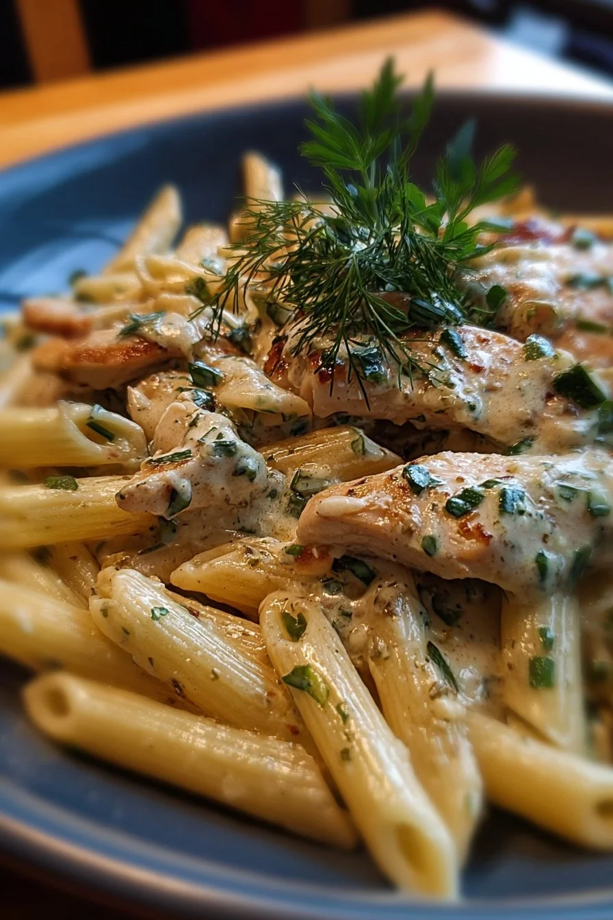 Tuscan Garlic Chicken Penne with Creamy Herbs 2 Delicious Tuscan Garlic Chicken Penne with creamy herbs served in a bowl.