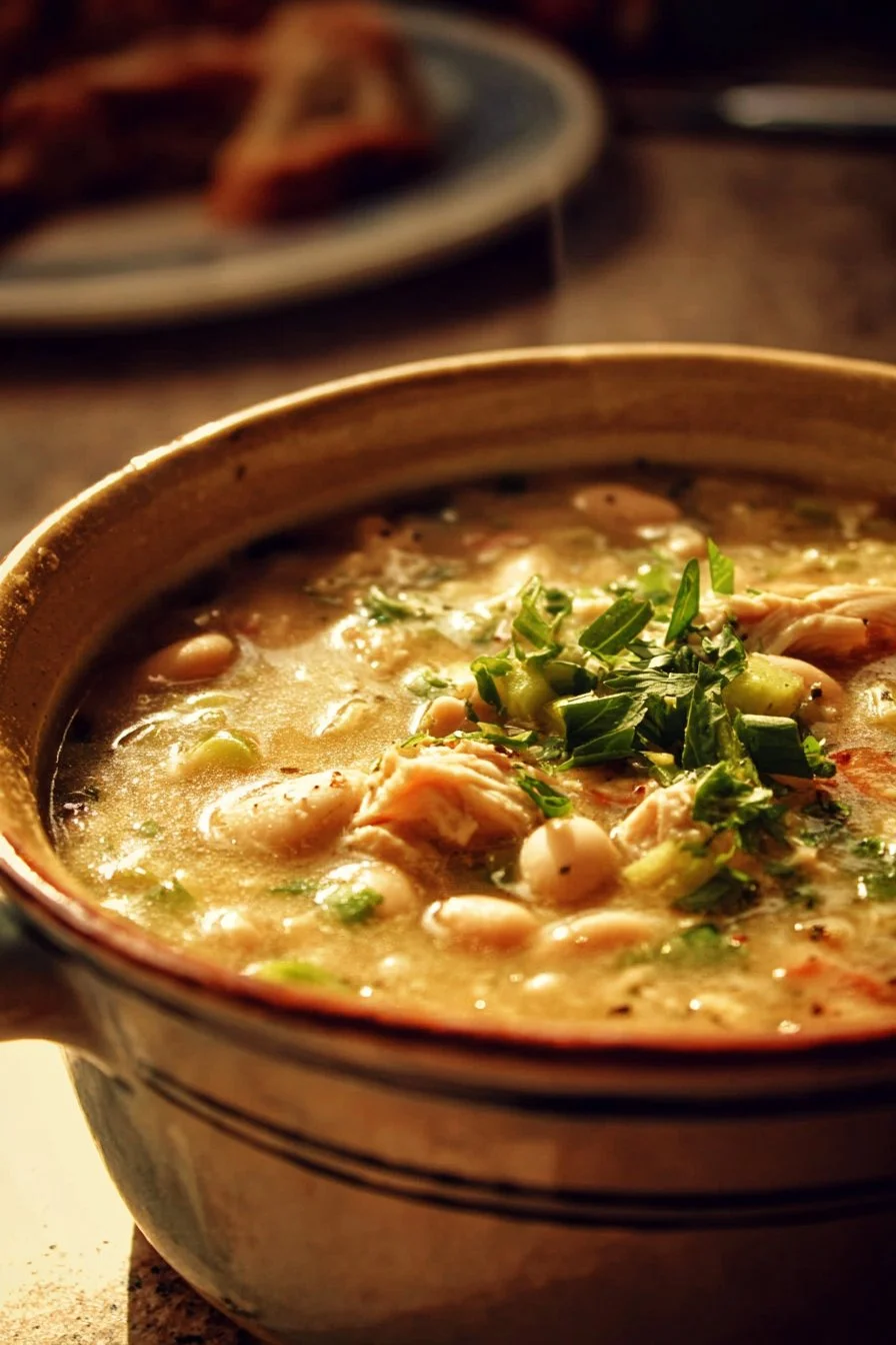 Bowl of White Chicken Chili topped with cilantro and lime