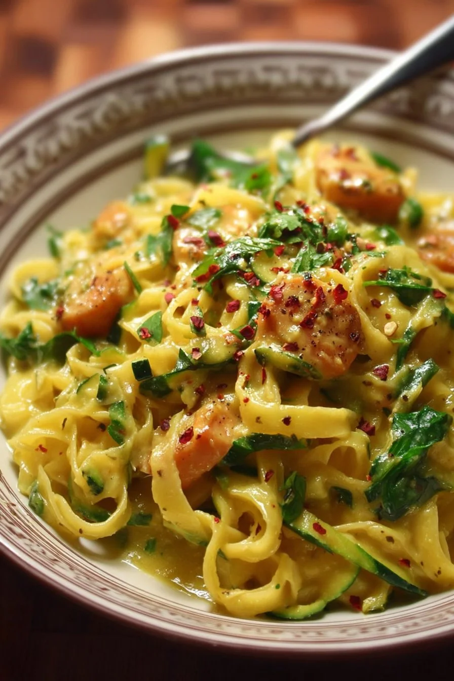 Zucchini Pasta with Cashew-Coconut Sauce 2 Zucchini pasta topped with rich cashew-coconut sauce in a bowl