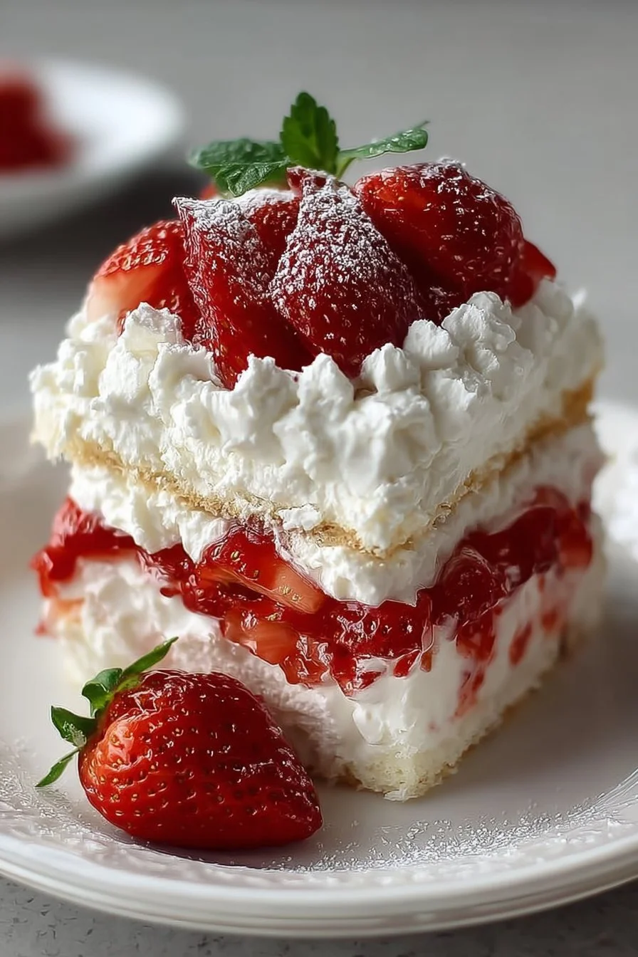 30-minute no-bake strawberry shortcake topped with fresh strawberries