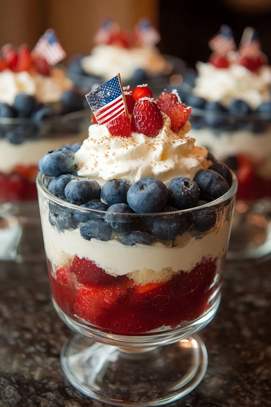 Delicious 4th of July berry layered dessert with fresh berries and whipped cream