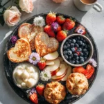 Delicious breakfast spread for mom featuring pancakes, fruits, and coffee.