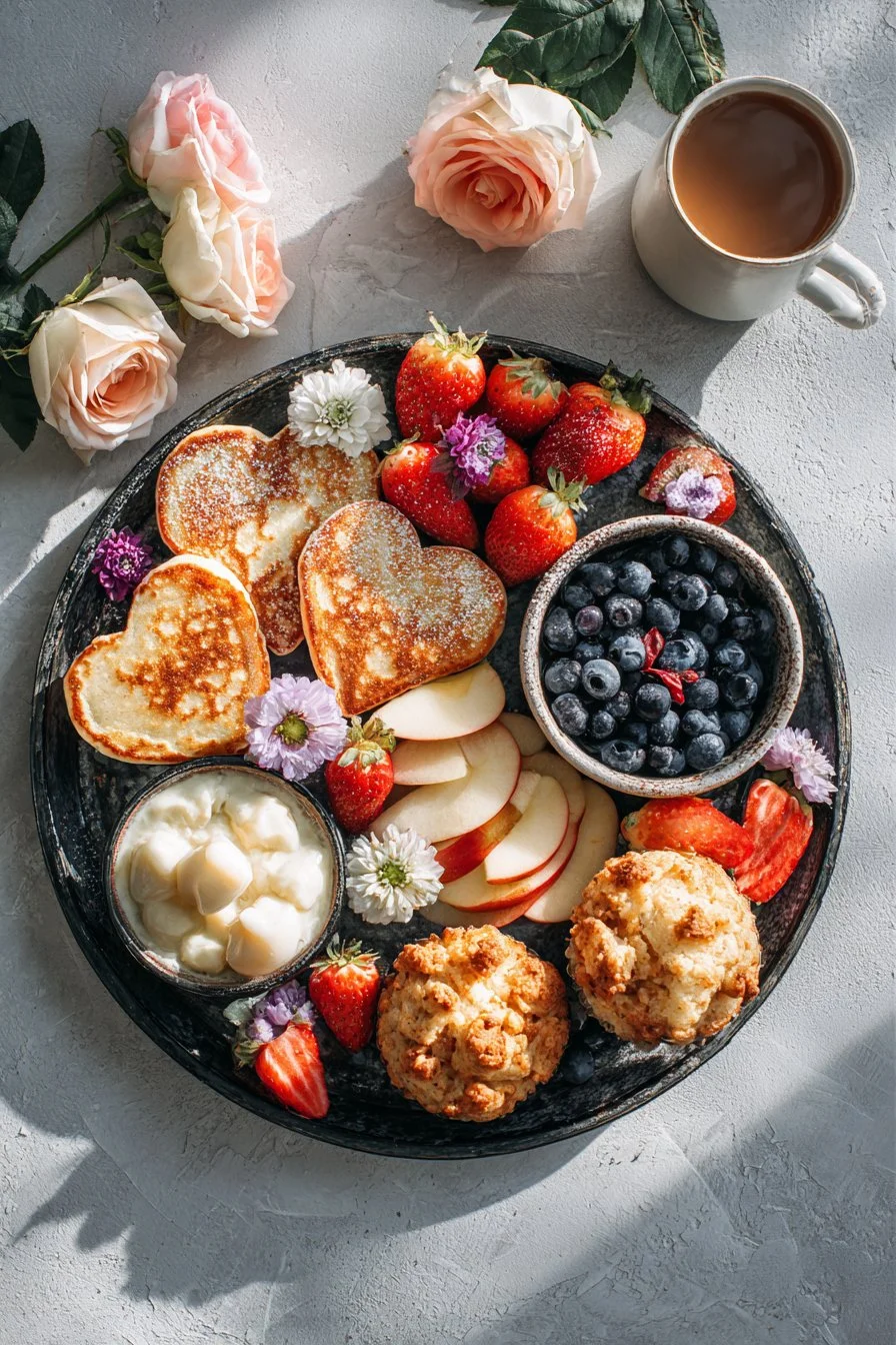 Delicious breakfast spread for mom featuring pancakes, fruits, and coffee.