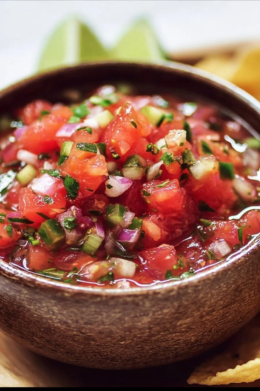 A bowl of refreshing homemade salsa with fresh ingredients.