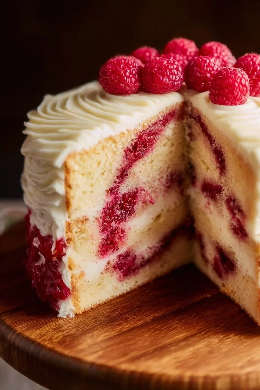 Almond Raspberry Swirl Layer Cake with beautiful layers and vibrant raspberry swirls