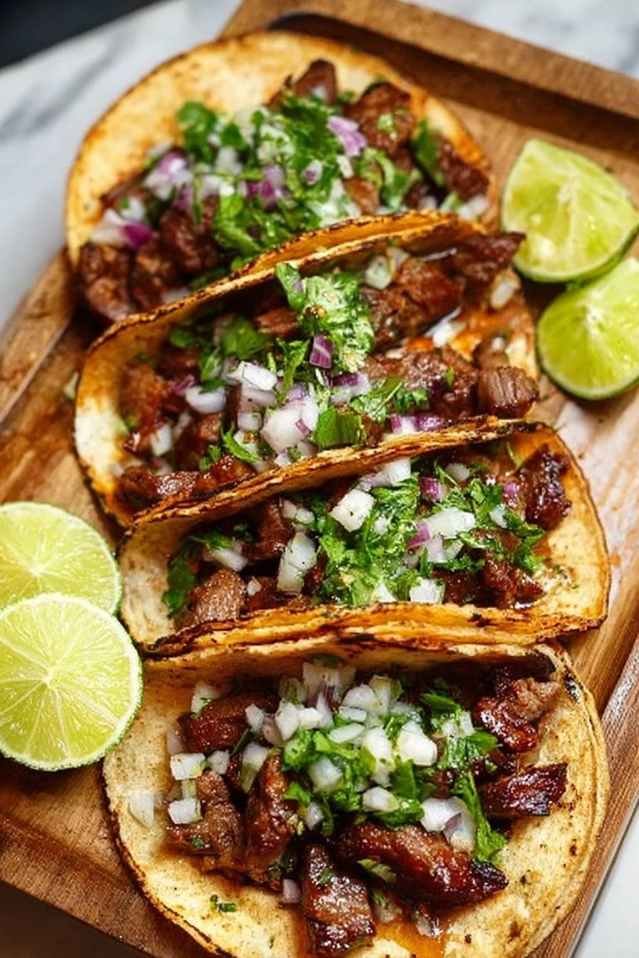 Authentic grilled beef street tacos served with fresh toppings