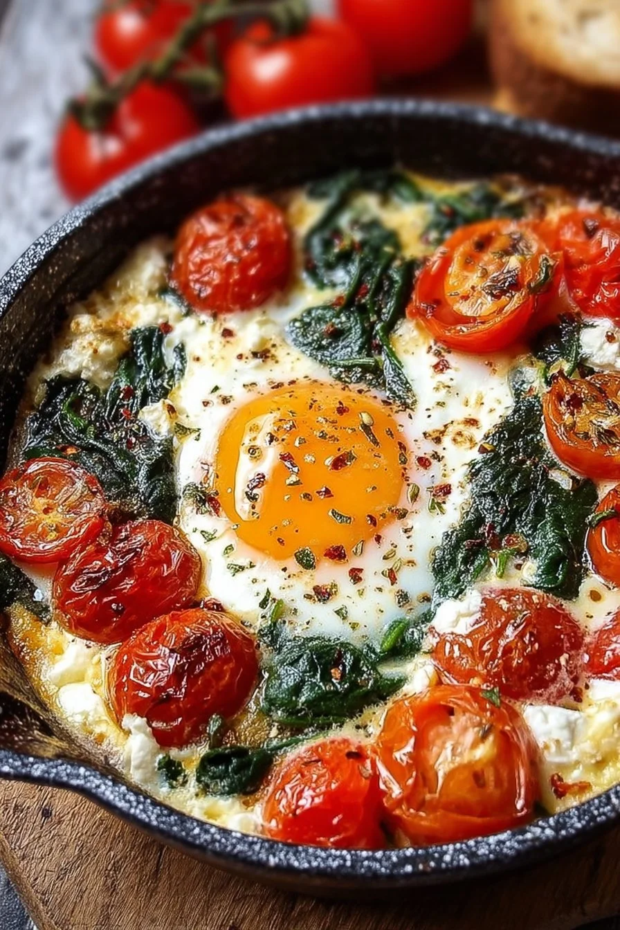 Delicious baked feta eggs with spinach and tomatoes served in a bowl