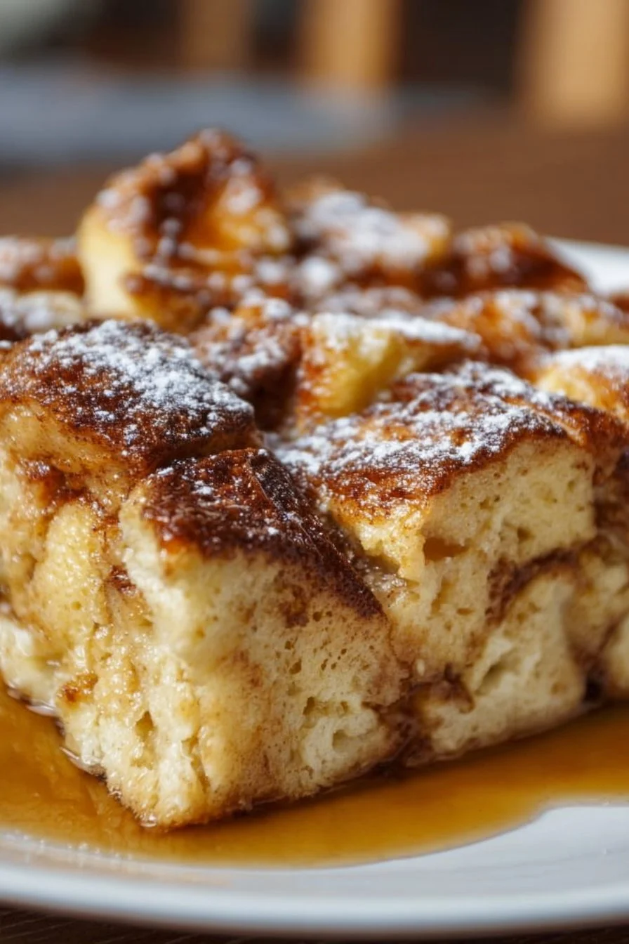 Delicious Baked French Toast Casserole served with syrup and berries