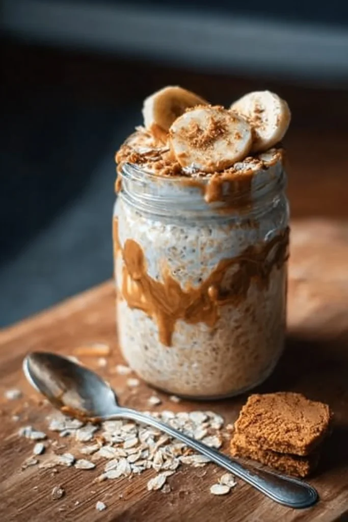 Delicious Banana Biscoff Overnight Oats served in a jar