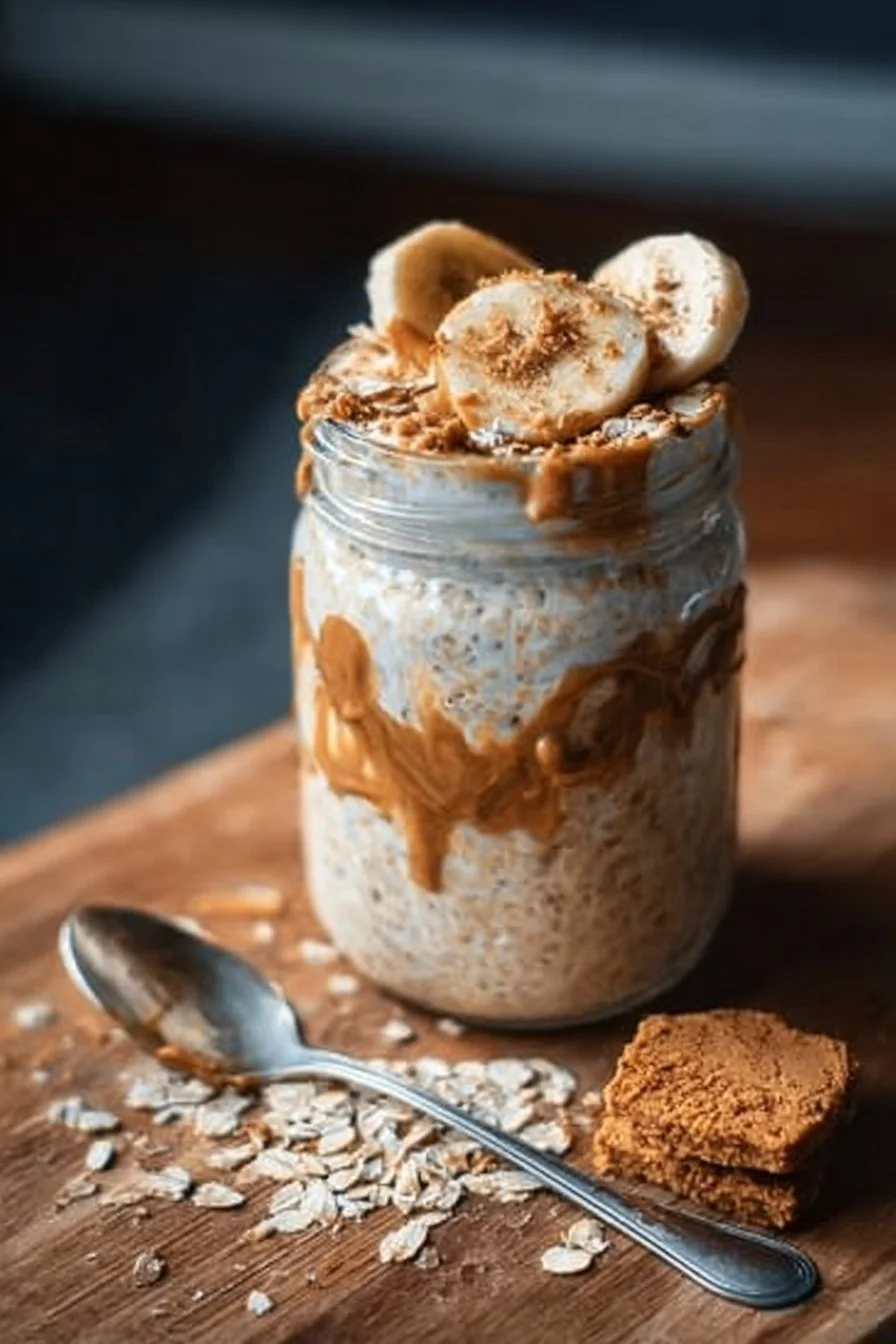 Delicious Banana Biscoff Overnight Oats served in a jar