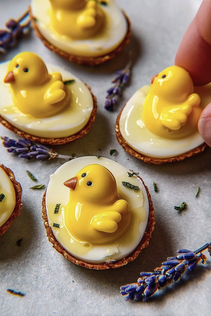 Bee-themed deviled eggs garnished with honeycomb and bees.