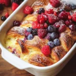 Freshly baked Berry Croissant Bake topped with powdered sugar and berries.