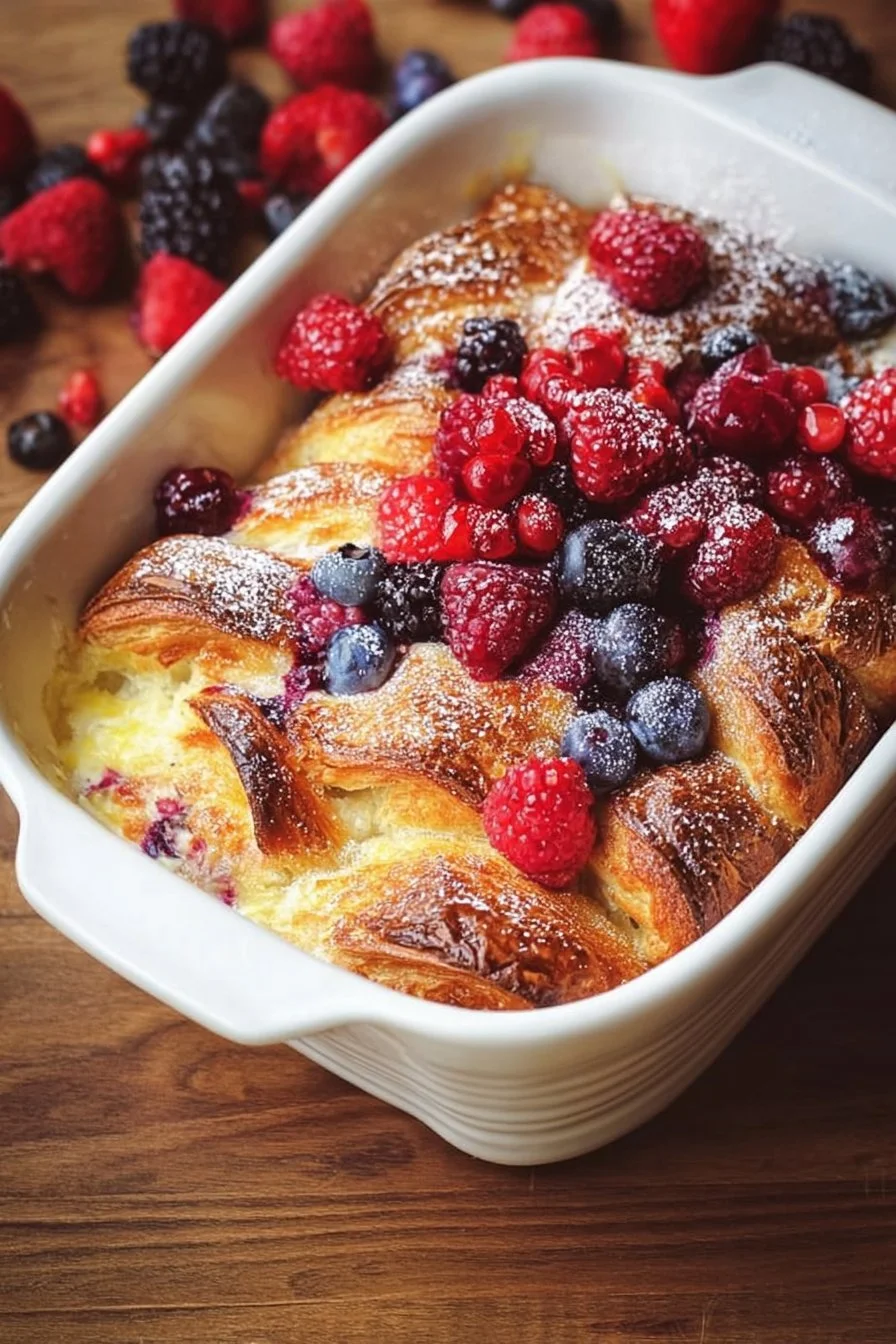 Freshly baked Berry Croissant Bake topped with powdered sugar and berries.