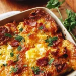 Delicious croissant casserole topped with cheese and herbs for breakfast