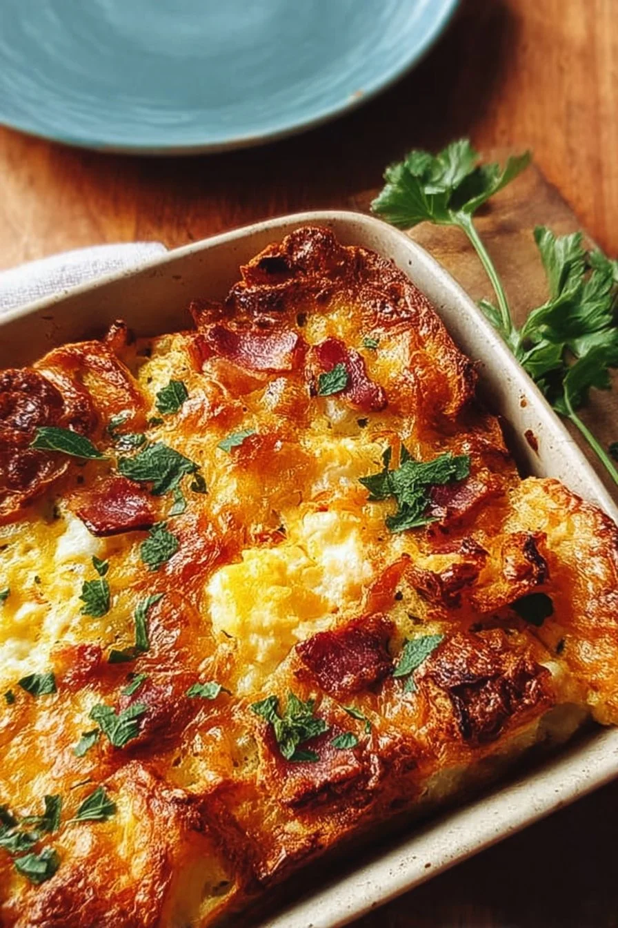 Delicious croissant casserole topped with cheese and herbs for breakfast