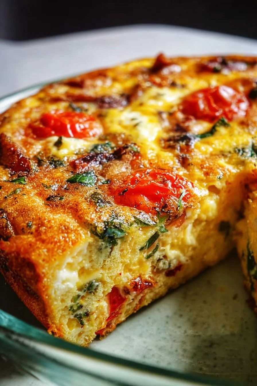 Delicious frittata casserole dish with vegetables and cheese
